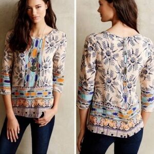 Maeve Anthropologie Sidney 100% Silk Button Back Blouse Tunic Blue Cream Orange